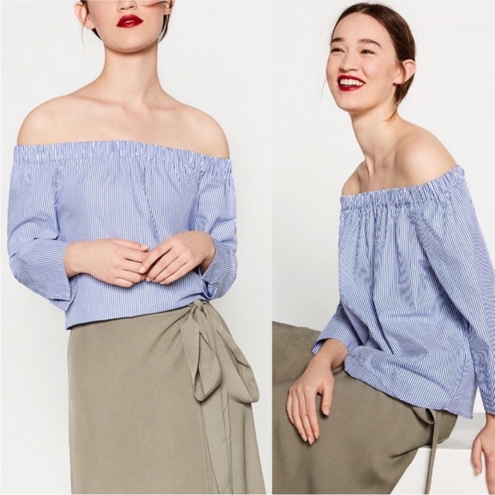 Zara Woman Blue Pinstripe Off the Shoulder Poplin Blouse, Size S